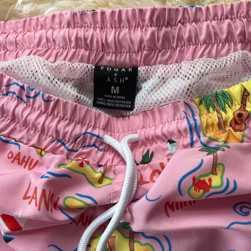 Edgar + Ash Men’s Swim Trunks. Pink with Hawaiian Theme. Size Medium
